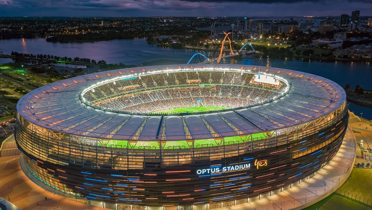 Optus Stadium at night.